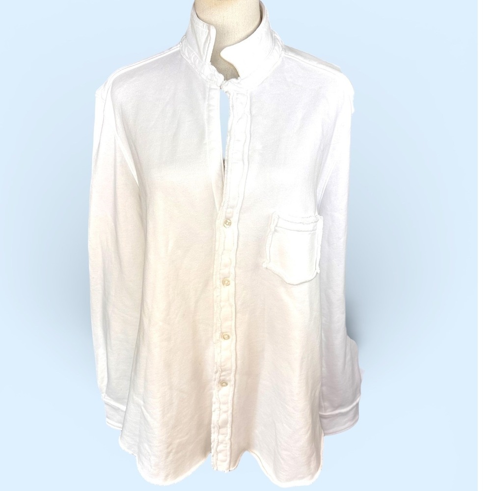 Frank &‎ Eileen Joann French Terry Button Down Shirt White Raw Edge Pocket - Picture 5 of 16